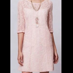 Maeve by Anthropologie Pink Sheer Neckline Lace 3/4 Sleeve MIDI Dress Size Small